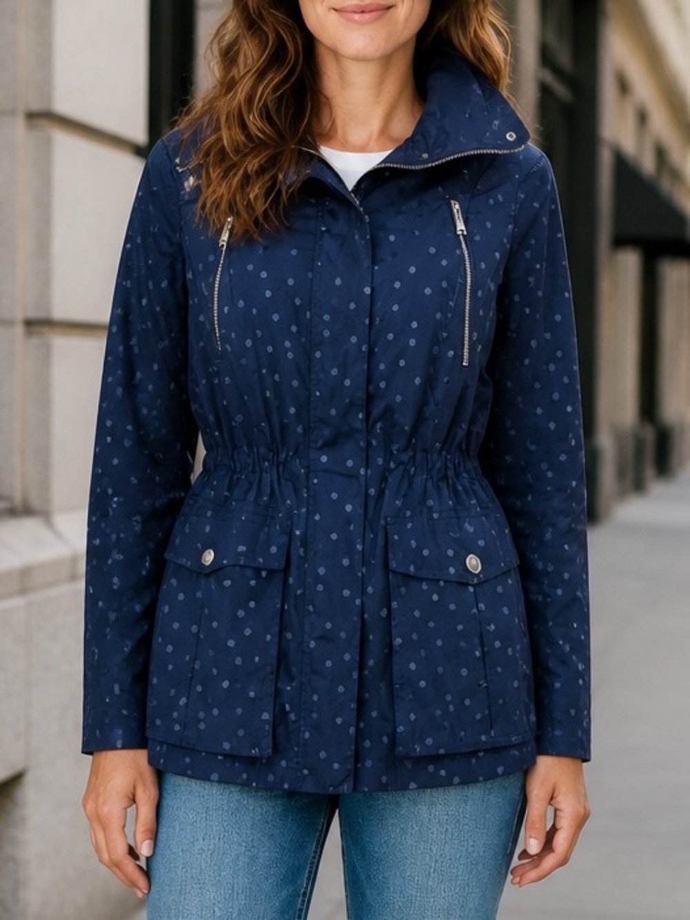 BCBG Navy Polka Dot Utility Hooded Rain Jacket Sz L